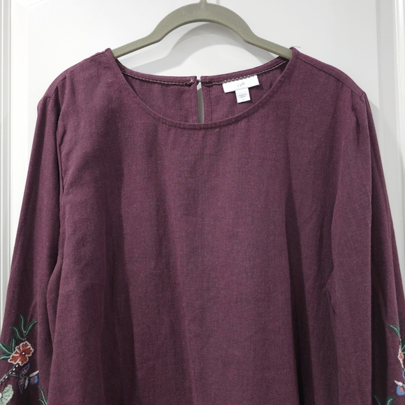 J JILL Boho Chic Plum Long Sleeve Blouse Floral Embroidered Cotton Blend Tunic - Picture 11 of 16